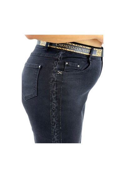 Büyük Beden Denim Mom Kemerli Yüksek Bel Taş Detaylı Kadın Pantolon Siyah