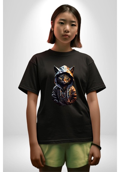 Hip Hop Gençlik Kedi Çeket Pamuklu Bisiklet Yaka Unisex Oversize Boyfriend Dijital Baskılı Siyah T-shirt Siyah