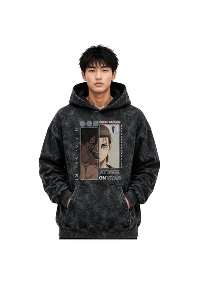 Sevbano Attack On Titan Eren Yeager Anime Baskılı Unisex Oversize Yıkamal Siyah