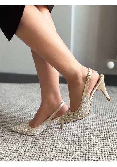 Asmi Shoes Kadın Marlen İnci Süslemeli İnce Topuklu Abiye Ayakkabı Düğün&davet Gold Altın
