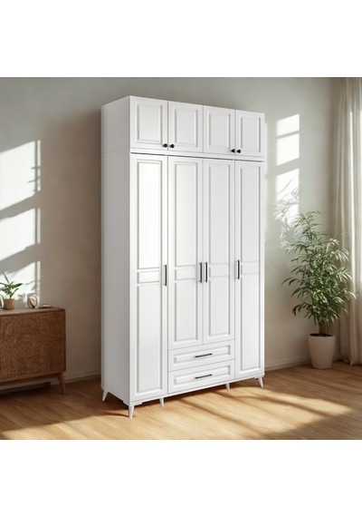 Handy 4 Kapaklı Yüklüklü Gardırop Mdf Gövde, Yavaş Kapanır Kapaklı, Modern Tasarım Beyaz