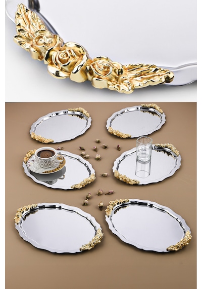 6 Adet Oval Model Gül Motifli Kahve-çay Sunum Tepsisi 25x20 Cm