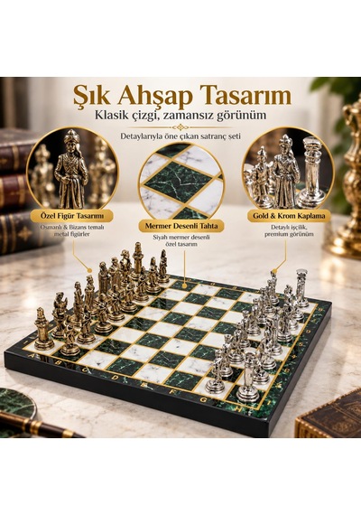 Lüks Metal Satranç Takımı Osmanlı Bizans Figürlü Krom Yeşil Mermer Desenli 20x20 Premium Hediye Seti