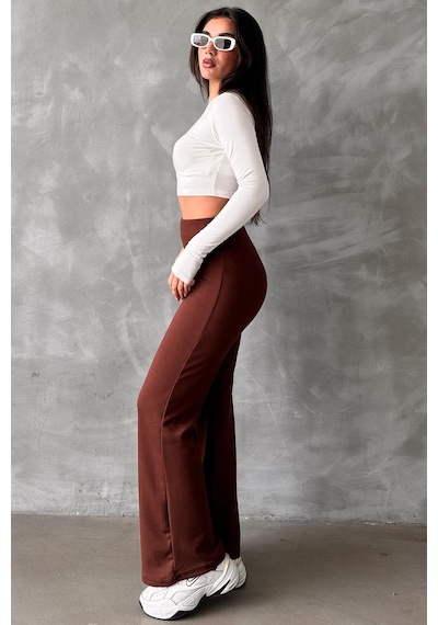 Kahverengi Yüksek Bel Düz Model Kadın İspanyol Paça Tayt Pantolon Mg2288 Kahverengi