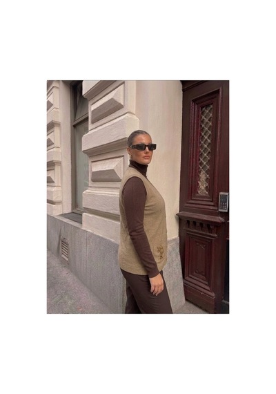 Onno Style Women Cebi Taşlı Çelik Örgü Klasik Triko Yelek Bej
