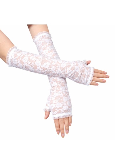 Savarga Uzun Zarif Dantel Eldiven Parmaksız Beyaz 35 Cm 4801