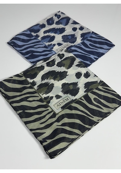Sinem İndia Leopar Desen 2'li Eşarp -6294 Lacivert-yeşil
