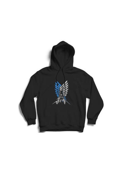 Unisex Siyah Attack On Titan Anime Baskılı Kapüşonlu Sweatshirt Siyah