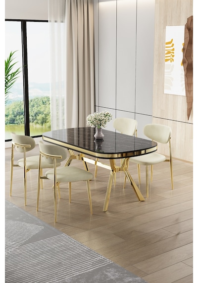 Canisa Olya Serisi 90x168 Lak Panel Sonata Masa Takımı Gold Ayaklı 4 Krem Sandalye Sonata Masa Krem Sandalye Canisa Olya Serisi 90x168 Lak Panel Sonata Masa Takımı Gold Ayaklı 4 Krem Sandalye Sonata Masa Krem Sandalye