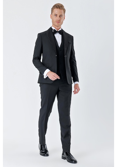 İmza Siyah Çizgili Çıkarılabilir Şal Yaka Yelekli 6 Drop Slim Fit Smokin Damatlık Takım 1001230212-Siyah
