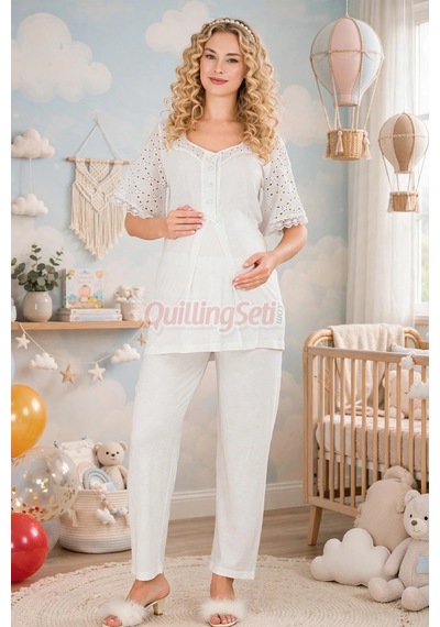 Lady Dantel Detaylı 33207 Kısa Kol 2 Parça Lohusa Hamile Pijama Takımı Ekru Renkli