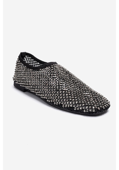 Luvishoes Urela Siyah Örgü Taşlı Hakiki Deri Kadın Babet Ayakkabı