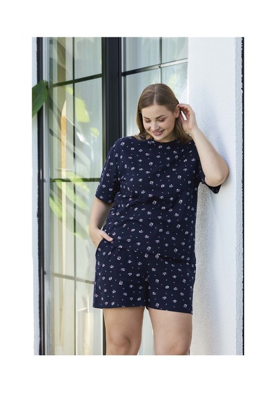 Aydoğan Kadın %100 Pamuk Desenli Büyük Beden Lacivert Kısa Kollu Şortlu Pijama Takımı Sarı