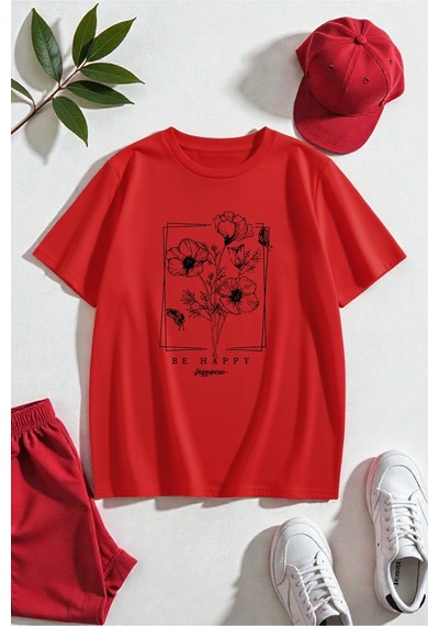 Uyguntarz Unisex Happy Baskılı Tasarım Tshirt Kırmızı