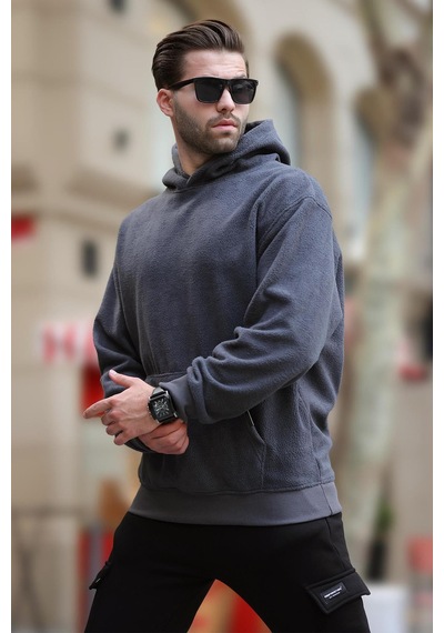 Madmext Füme Kapüşonlu Cep Detaylı Polar Erkek Sweatshirt 7093 Füme