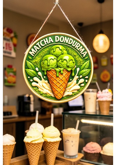 Matcha Dondurma Görselli Ahşap İpli Kapı Duvar Süsü Vegan Cafe Dekoratif Süsü