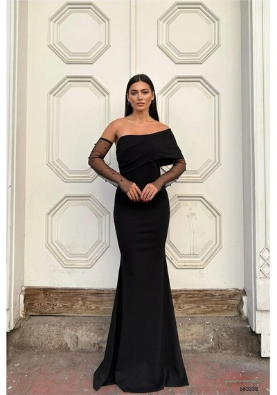 Genel Markalar Asimetrik Elbise Kesim Yaka Abiye Balık Siyah - 922271643 Siyah