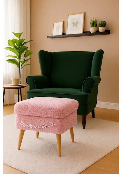Ayak Uzatmalık Puf , Sandıklı Puf, Pembe Peluş, Dekoratif Puf Makyaj Pufu Pembe