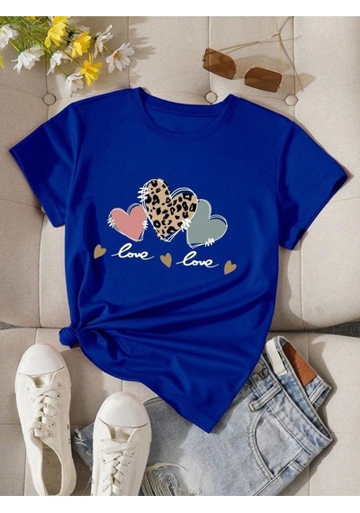 Uyguntarz Unisex Love Kalp Baskılı Tasarım Tshirt Mavi