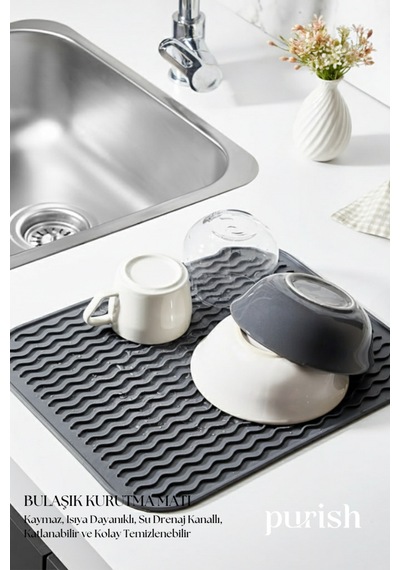 Bulaşık Kurutma Matı Tpe 28x36 Cm, Kaymaz, Bardak & Tabak Kurutma Pedi Antrasit Gri Wave Pl Diğer