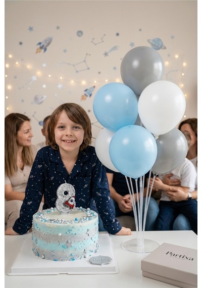 Gümüş Roket Figürlü Rakamlı Pasta Mumu Ve Masa Üstü Balon Standı Seti - Uzay Doğum Günü Süsleme Kombini Çocuk