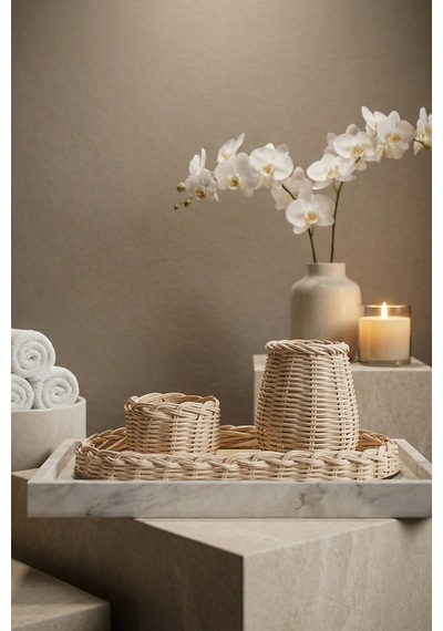 Rattan Banyo Organizer Seti Mermer Tepsi + Hasır Sepet 3'lü Set Krem