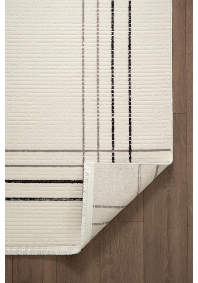 Look Black Lb006w Krem Halı Siyah Dekoratif Çizgili Modern Desen Akrilik Yumuşak Tozuaz Salon Halısı-897 Krem