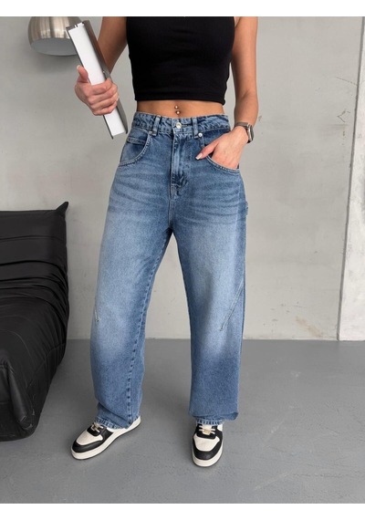 Baloon Fit Dikiş Detaylı Balta Cepli Dark Blue Jean Mavi