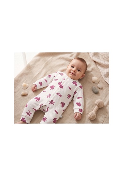 Deniva Kids Unisex Bebek %100 Pamuk Fitilli Kaşkorse Deniz Temalı Çıtçıtlı Uzun Kollu Tulum Beyaz