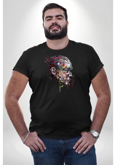 Angemiel İnsan Kafası Sulu Boya Siyah Büyük Beden Erkek Kadın Unisex Basic Ön Baskılı Tişört Siyah
