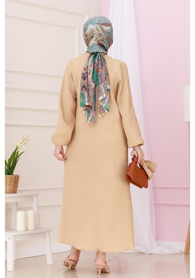 Sevitli Beli Kuşaklı Luna Tesettür Elbise-bej-4890 Bej