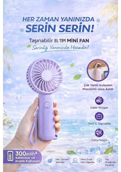 Taşınabilir Mini Fan 300mah Kablosuz Sessiz Güçlü Motor Yaz İçin Serinlik Sağlar 3 Kademeli Serinlik