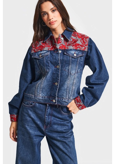 Kadın Koyu Kot Rengi 2w5-10 Özel Kırmızı Desen Nakışlı %100 Koton Tasarım Denim Ceket Koyu Kotrengi