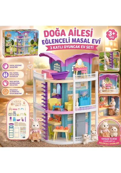 Doğa Ailesi Eğlenceli Masal Evi 3 Katlı Oyuncak Ev Seti Figürlü Ve Aksesuarlı