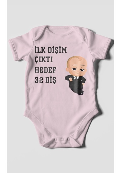 Morivokids İlk Dişim Çıktı Hedef 32 Diş Kısa Kollu Bebek Body Bebe Pembe