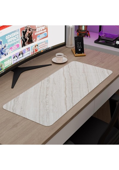 Beyaz Mermer Desenli Oyuncu Gaming Mouse Pad Kauçuk Kaymaz Taban Mousepad V2, 70x30 Xl
