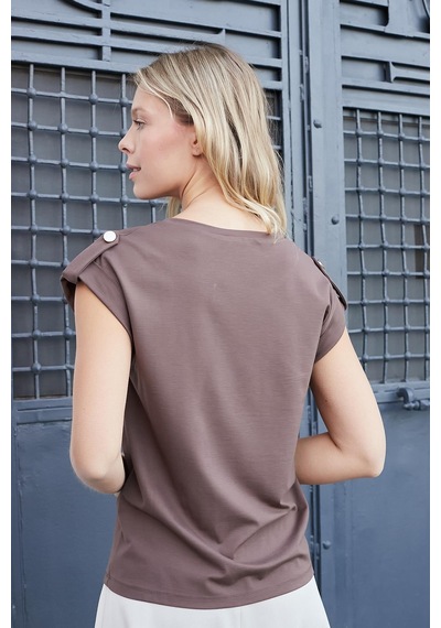 Jument Kadın Kaliteli Likrasız Span Kumaş Geniş Sıfır Yaka Duble Kollu Apoletli Düğmeli T-shirt Bluz-kahve Kahve