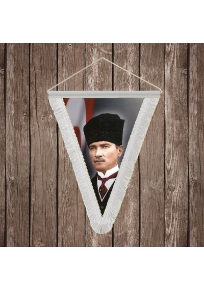 Kalpaklı Mustafa K.atatürk Ve Türk Bayrağı Beyaz Saçaklı Üçgen Flama Bayrak Hatıra Flama Ata4 Diğer