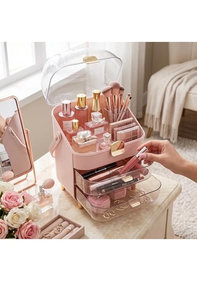 Premium Çekmeceli Ve Kapaklı Taşınabilir Makyaj Ve Kozmetik Düzenleyici, Pembe Ve Milky Coffee Renk Seçenekleri, Altın Aksesuarlı Pembe Açık Kahverengi Premium Çekmeceli Ve Kapaklı Taşınabilir Makyaj Ve Kozmetik Düzenleyici, Pembe Ve Milky Coffee Renk Seçenekleri, Altın Aksesuarlı Pembe Açık Kahverengi