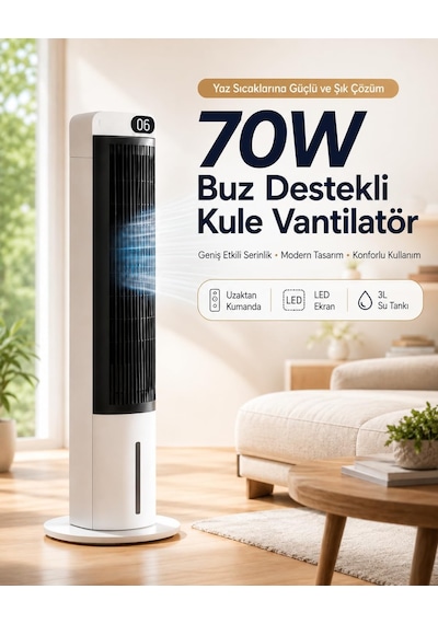 70w Buz Akülü Kule Tipi Vantilatör / Uzaktan Kumandalı / 3l Su Hazneli / 24 Saat Zaman Ayarlı Fan