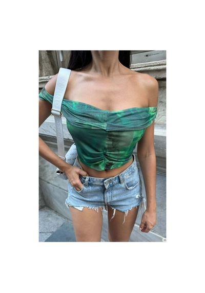 Store Kadın Zarif Kayık Yaka Büzgülü Bluz Yeşil - 925402703 Yeşil