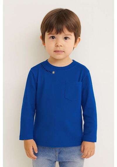 Luess Unisex Çocuk Happiness Nakışlı Cepli Fitilli Kaşkorse Tişört Lacivert