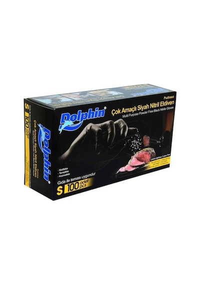 Dolphin Tek Kullanımlık Lateks Siyah Pudrasız Nitril Muayne Eldiveni Small Boy - 100'lü 10 Paket