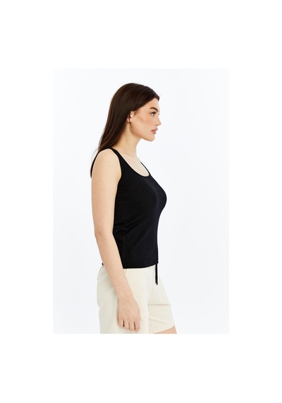 Kadın U Yaka %100 Pamuklu Kolsuz Dokulu Esnek Basic Günlük Tişört SIYAH