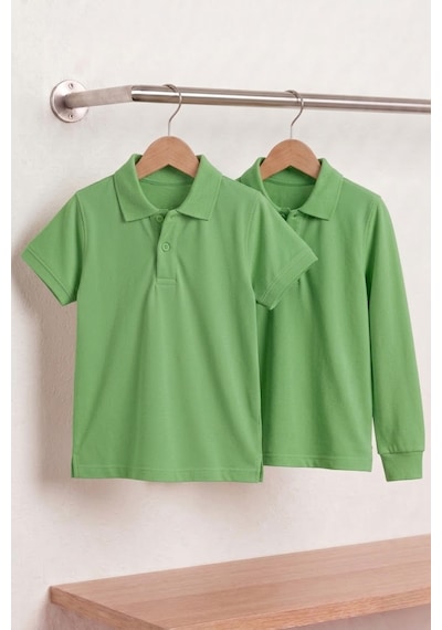 Nacar Store Unisex Çocuk Uzun Ve Kısa Kollu Polo Yaka Okul Tişörtü 2'li Set Fıstık Yeşil