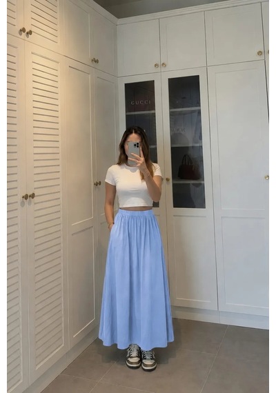 Kadın Mavi Poplin Kumaş Uzun Etek Beli Lastikli Günlük Maxi Etek 90 Cm Glmd-007-mv