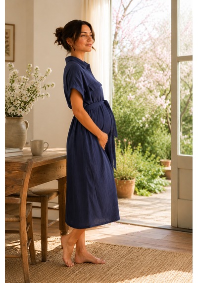 Luvmabelly Myra5861 Doğal Yumuşacık Müslin Kumaş - Yazlık Gömlek Hamile Elbise - Lacivert