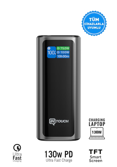 20.000mah Ultra Hızlı Şarj 130w Tft Ekranlı Laptop Ve Tablet Şarj Edebilen Powerbank Premium Serisi Gri - Siyah