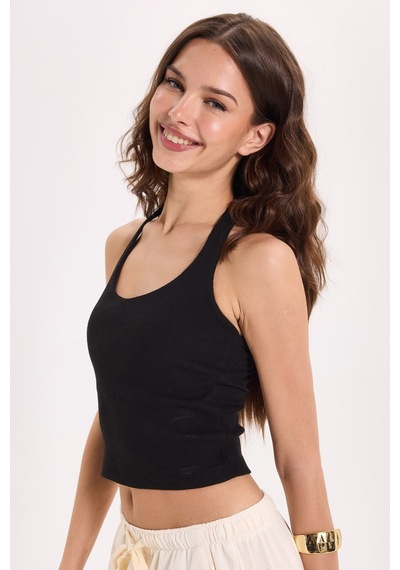 Tudors Kadın Slim Fit Dar Kesim Pamuklu Halter Yaka Kaşkorse Siyah Crop-50709