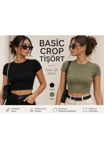 Kadın Basic Crop Tişört , Dar Kalıp, Kısa Kollu, Esnek Kumaş Siyah